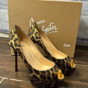 👠Christian Louboutin Heels Print Lady Claude Peep Toe Leopard Pumps Size 36
